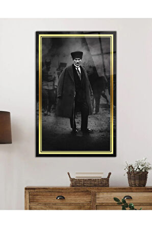  Miyrem Glasses Collection -A1^#  Gold Şerit Siyah Beyaz Pardesülü Atatürk Cam Tablo