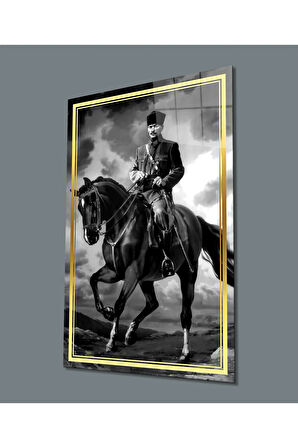  Miyrem Glasses Collection -A1^#  Gold Şerit Siyah Beyaz At Üzerinde Atatürk Cam Tablo