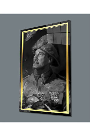  Miyrem Glasses Collection -A1^#  Gold Şerit Siyah Beyaz Yapay Zeka Üniformalı Atatürk Cam Tablo