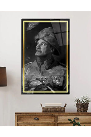  Miyrem Glasses Collection -A1^#  Gold Şerit Siyah Beyaz Yapay Zeka Üniformalı Atatürk Cam Tablo