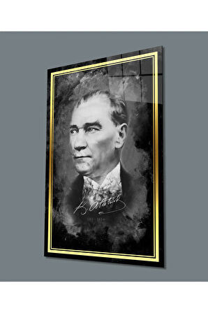  Miyrem Glasses Collection -A1^#  Gold Şerit Atatürk Portresi Siyah Beyaz Cam Tablo