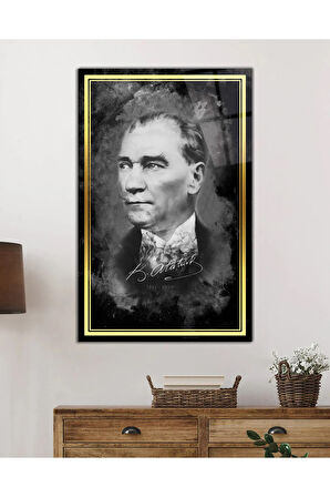  Miyrem Glasses Collection -A1^#  Gold Şerit Atatürk Portresi Siyah Beyaz Cam Tablo