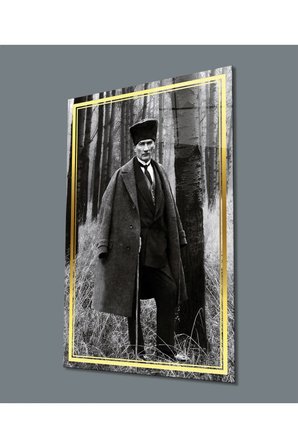  Miyrem Glasses Collection -A1^#  Gold Şerit Siyah Beyaz Atatürk Cam Tablo