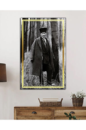  Miyrem Glasses Collection -A1^#  Gold Şerit Siyah Beyaz Atatürk Cam Tablo