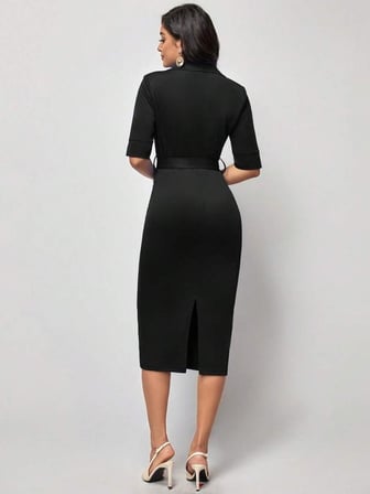 Kadın Kısa Kollu Yakalı Kruvaze Yakalı Beli Kemerli Midi Modal Elbise