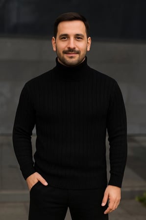 Erkek Balıkcı Yaka Bağazlı Triko Kazak Pamuklu Kalın Fitilli Dokuma, Regular Fit Uzun Kollu Kışlık Model - Siyah