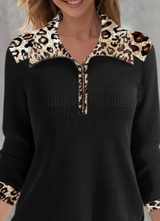 Kadın Uzun Kollu Leopar Yakalı Fermuarlı Waffle Bluz