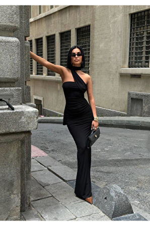 Kadın Şallı Straplez Drapeli Yırtmaçlı Uzun Maxi Elbise