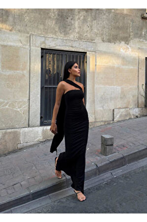 Kadın Şallı Straplez Drapeli Yırtmaçlı Uzun Maxi Elbise