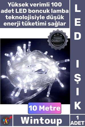 #Led Dekoratif Aydınlatma Yılbaşı Gece Lambası Beyaz Işık Şeffaf Kablo 10 Metre 100 Led Boncuk Lamba