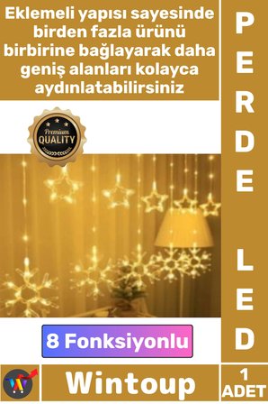 #Perdeled 10 Saçaklı Dış Mekan Uyumlu Fişli Eklemeli 8 Fonksiyonlu Animasyonlu Kar Tanesi Perde Led