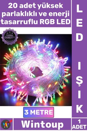 #Işık Renkli Dekoratif Pilli Yılbaşı Animasyonlu 2 Kademeli Şeffaf Kablo 3 Metre 20 Led Şık RGB Işık