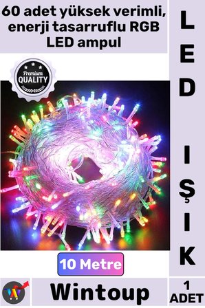 #Led Dekorasyon Aydınlatma Yılbaşı Süsleme Şeffaf Kablo Pilli RGB 2 Kademeli 10 Metre 60 Led Işık