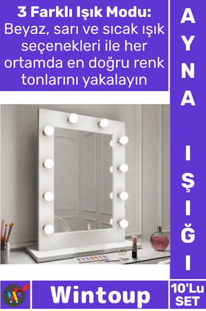#Işık USB'li 3 Renk Kademeli Vantuzlu Profesyonel Aydınlatma Şık Makyaj Aynası Işığı 10'lu Led Işık