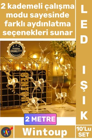 #Led Gün Işığı Şeffaf Gümüş Sim Akrilik Dekoratif Pilli 2 Kademeli 2 Metre 10'lu Geyikli İp Led Işık