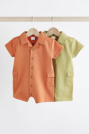 Next Baby % 100 Pamuklu Yeşil Turuncu Gömlek Yaka 2’li Romper Set