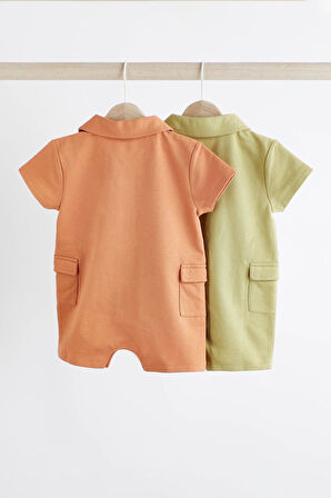 Next Baby % 100 Pamuklu Yeşil Turuncu Gömlek Yaka 2’li Romper Set