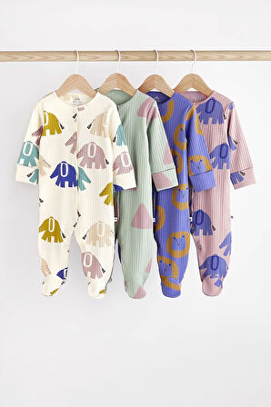 Next Baby % 100 Pamuklu Mavi Krem Fil Desenli 4’lü Tulum Set