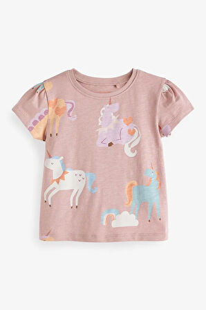 % 100 Pamuklu Pembe Unicorn Desenli Kısa Kollu 4’lü Thsirt Set