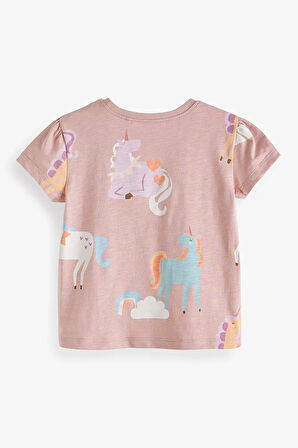 % 100 Pamuklu Pembe Unicorn Desenli Kısa Kollu 4’lü Thsirt Set