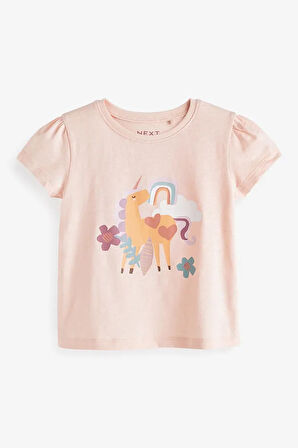% 100 Pamuklu Pembe Unicorn Desenli Kısa Kollu 4’lü Thsirt Set