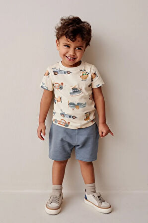 % 100 Pamuklu Ekru Taşıtlar Baskılı Şortlu Alt Üst Takım