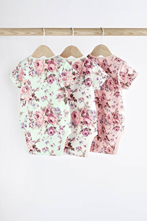 Next Baby % 100 Pamuklu Pembe Çiçek Desenli Kısa Kollu 3’lü Body Zıbın Set