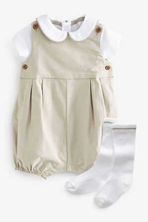 Next Baby % 100 Pamuklu Bej Smart Salopet Body Zıbın Çorap Set