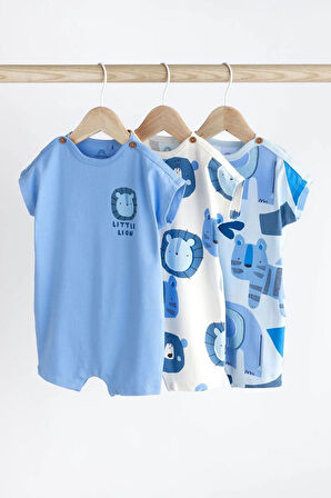 Next Baby % 100 Pamuklu Mavi Hayvan Desenli 3’lü Romper Set