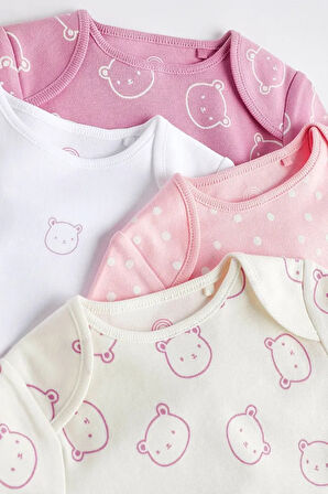 % 100 Pamuklu Pembe Ayı Desenli Kısa Kollu 4’lü Body Zıbın Set