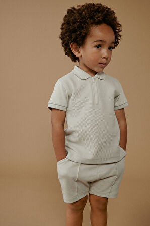 Next Baby % 100 Pamuklu Gri Polo Yaka Dokulu Şortlu Alt Üst Takım