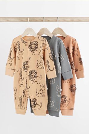 % 100 Pamuklu Kahverengi Aslan Desenli Çift Fermuarlı 3 ‘lü Tulum Set