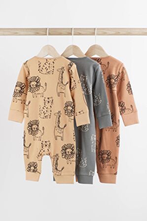 % 100 Pamuklu Kahverengi Aslan Desenli Çift Fermuarlı 3 ‘lü Tulum Set