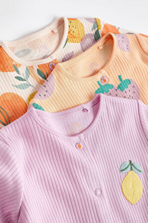 Next Baby % 100 Pamuklu Lila Turuncu Meyve Desenli 3’lü Tulum Set