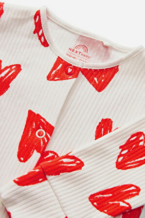 Next Baby % 100 Pamuklu Beyaz Kırmızı Kalp Desenli Tulum