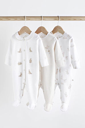 Next Baby % 100 Pamuklu Beyaz Tavşan Desenli 3’lü Tulum Set