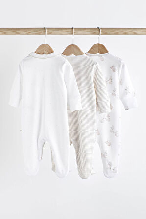 Next Baby % 100 Pamuklu Beyaz Tavşan Desenli 3’lü Tulum Set