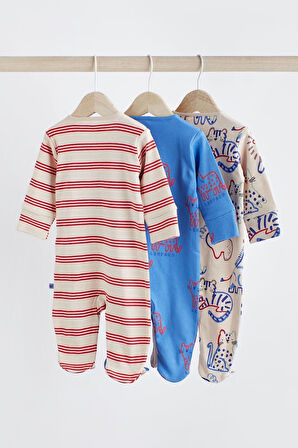 Next Baby % 100 Pamuklu Kırmızı Çizgili Hayvan Karakterli 3’lü Tulum Set