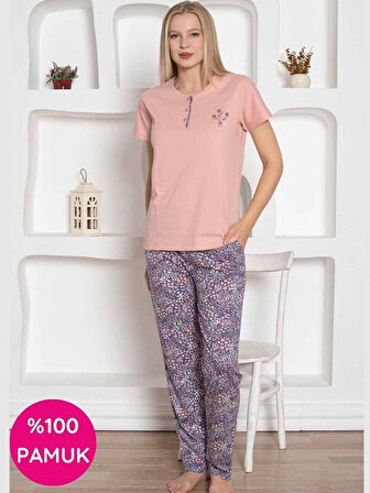 Kadın Çiçek Desen Bisiklet Yaka 3 Düğmeli Kısa Kol Cepli Pijama Takımı