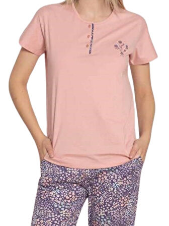 Kadın Çiçek Desen Bisiklet Yaka 3 Düğmeli Kısa Kol Cepli Pijama Takımı