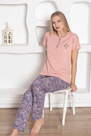 Kadın Çiçek Desen Bisiklet Yaka 3 Düğmeli Kısa Kol Cepli Pijama Takımı