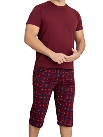 Erkek Bisiklet Yaka 3 Düğmeli Ekose Desen Modal Kısa Kol Cepli Kapri Pijama Takımı