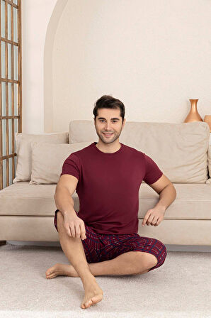 Erkek Bisiklet Yaka 3 Düğmeli Ekose Desen Modal Kısa Kol Cepli Kapri Pijama Takımı