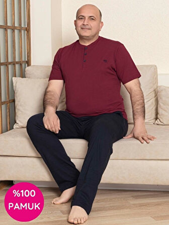 Erkek Geniş Kalıp %100 Pamuk Kısa Kol Cepli Büyük Beden Pijama Takımı