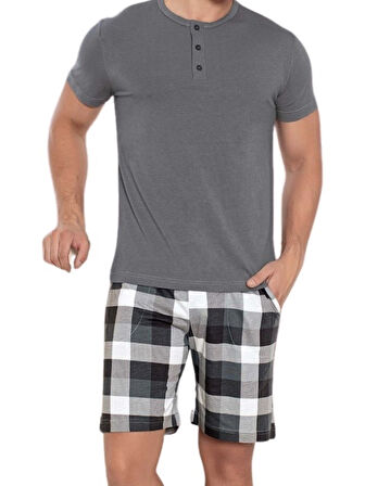 Erkek Bisiklet Yaka 3 Düğmeli Ekose Desen Modal Kısa Kol Cepli Şortlu Pijama Takımı