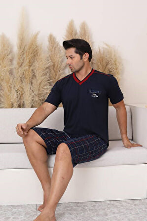 Erkek V Yaka Düğmesiz Ekose Desen Kısa Kol Cepli Şortlu %100 Pamuk Pijama Takımı