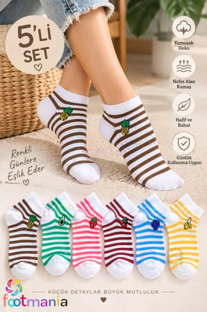5” Çift Kadın Nakışlı Meyve Desenli Çorap Seti (Extra Soft)