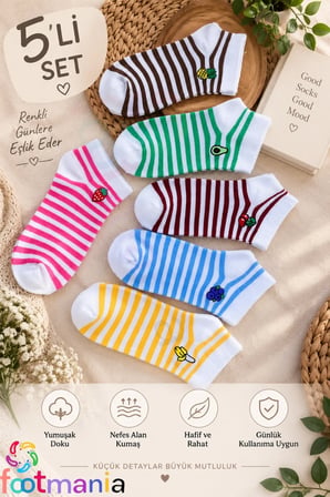 5” Çift Kadın Nakışlı Meyve Desenli Çorap Seti (Extra Soft)