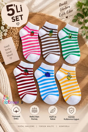 5” Çift Kadın Nakışlı Meyve Desenli Çorap Seti (Extra Soft)