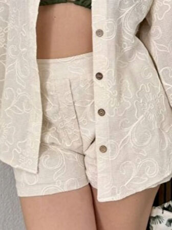 Kadın Taş Rengi Nakış Detaylı Özel Tasarım Oversize Gömlek Truvakar Kol Yazlık